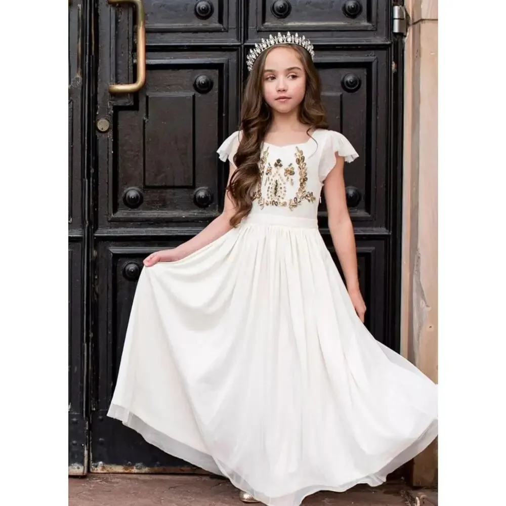 Mia Joy Girls Ivory Maxi Dress With Gold Embellished Bodice Flutter Sleeves & Fl - Picture 3 of 16